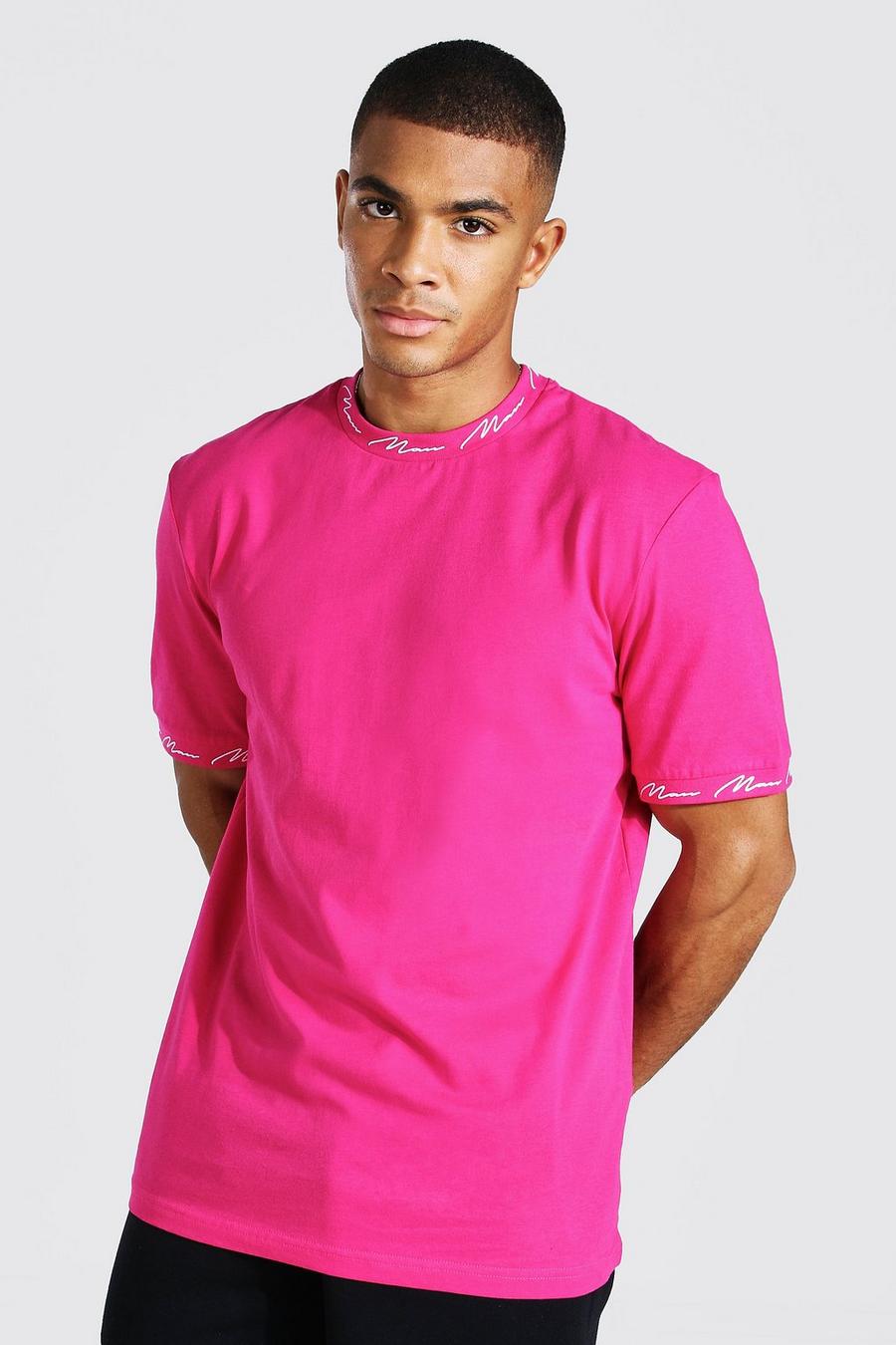 T-Shirt mit Print und MAN-Schriftzug an Hals und Bündchen, Rosa image number 1