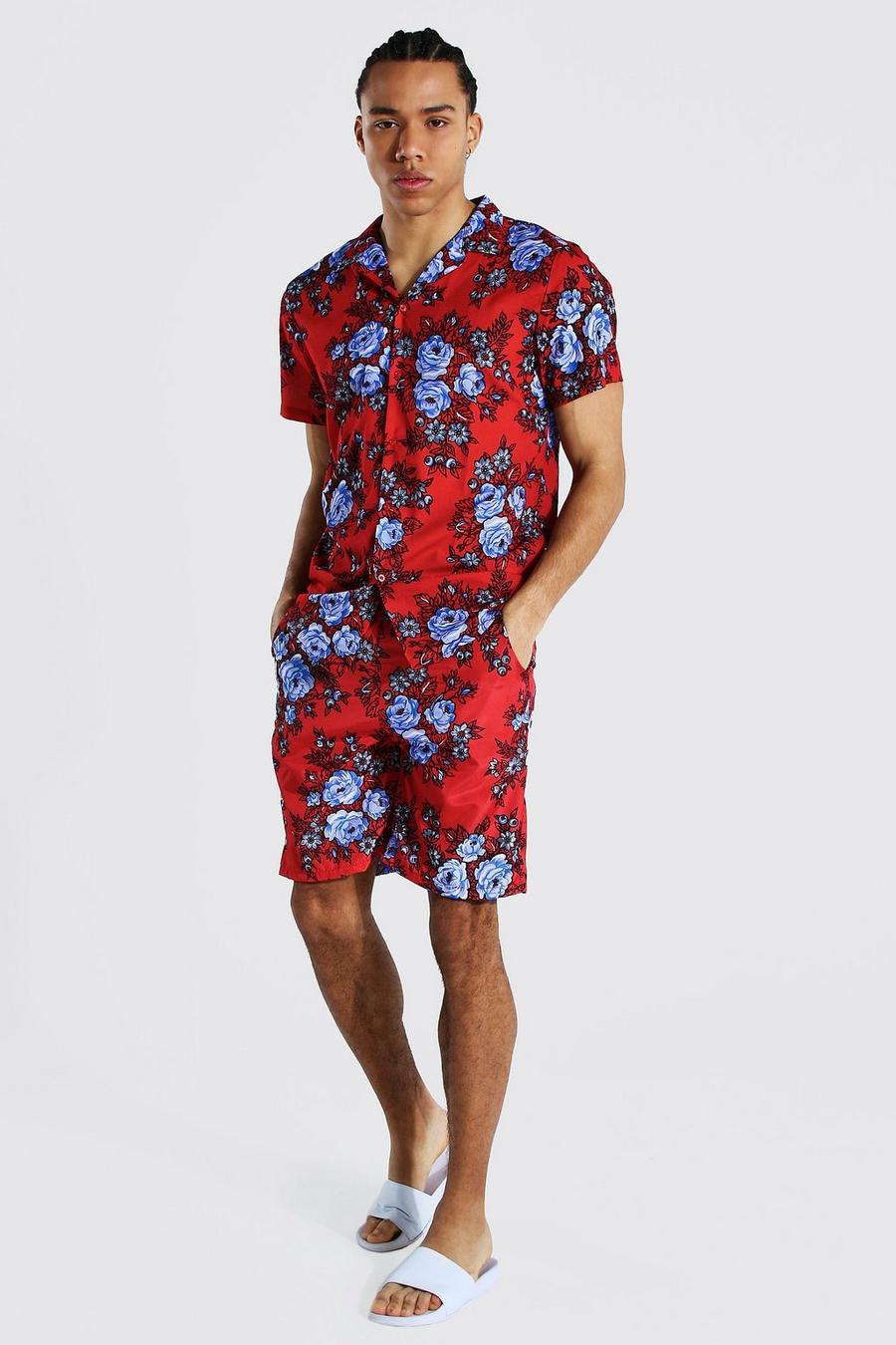 Red Tall Revere Oversized Floral Shirt And Swim image number 1