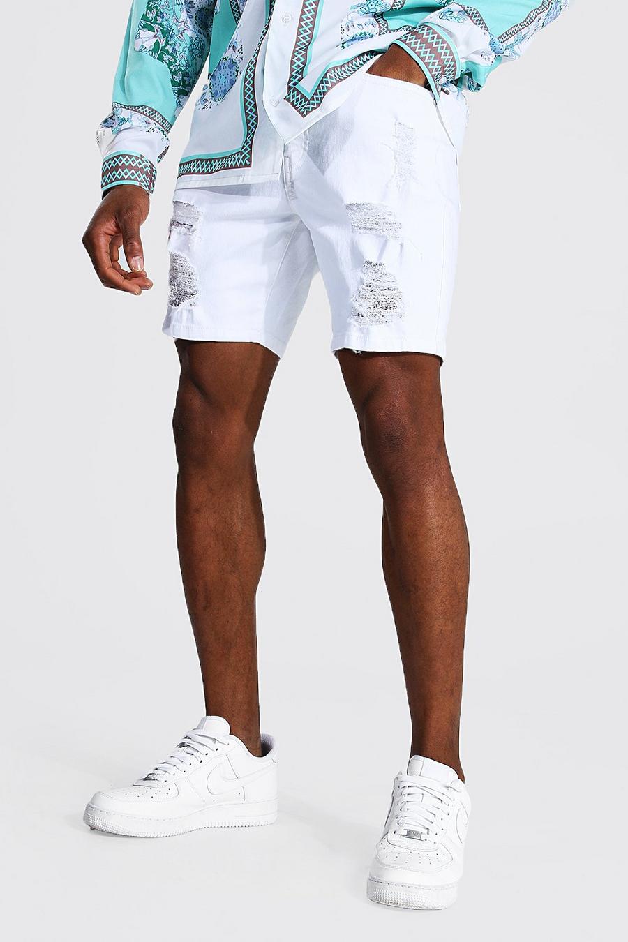 Pantalones cortos de estilo vaquero skinny elásticos muy desgastados, Blanco image number 1