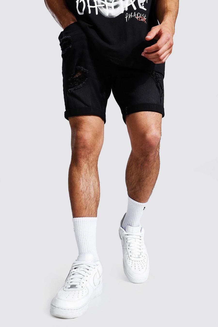 Pantalones cortos estilo vaquero skinny elásticos con rasgaduras múltiples, Negro desteñido image number 1