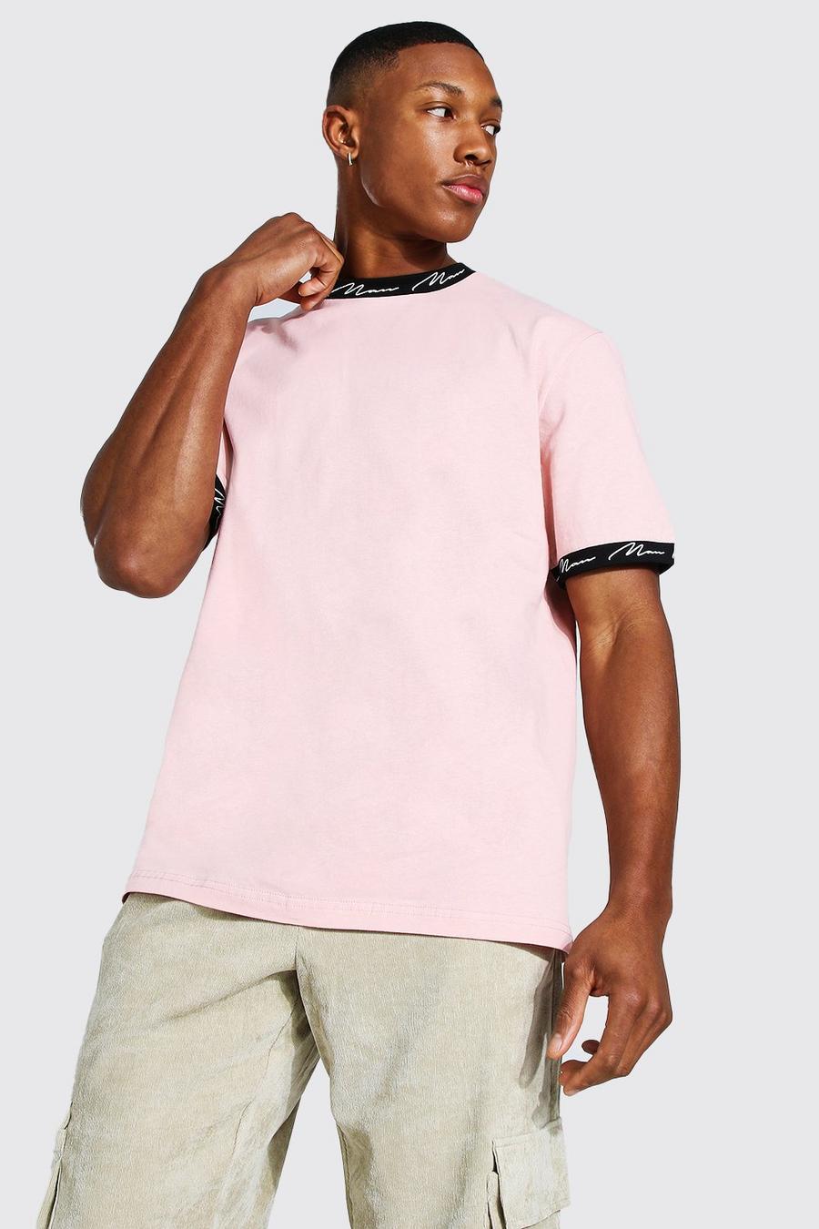 Pastel pink rose Man Signature Contrast Ringer Neck T-shirt image number 1