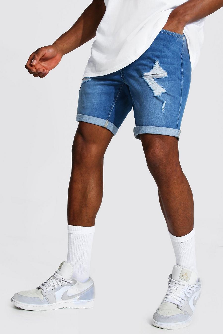 Pantalones cortos vaqueros elásticos con múltiples rasgaduras Skinny, Azul claro image number 1