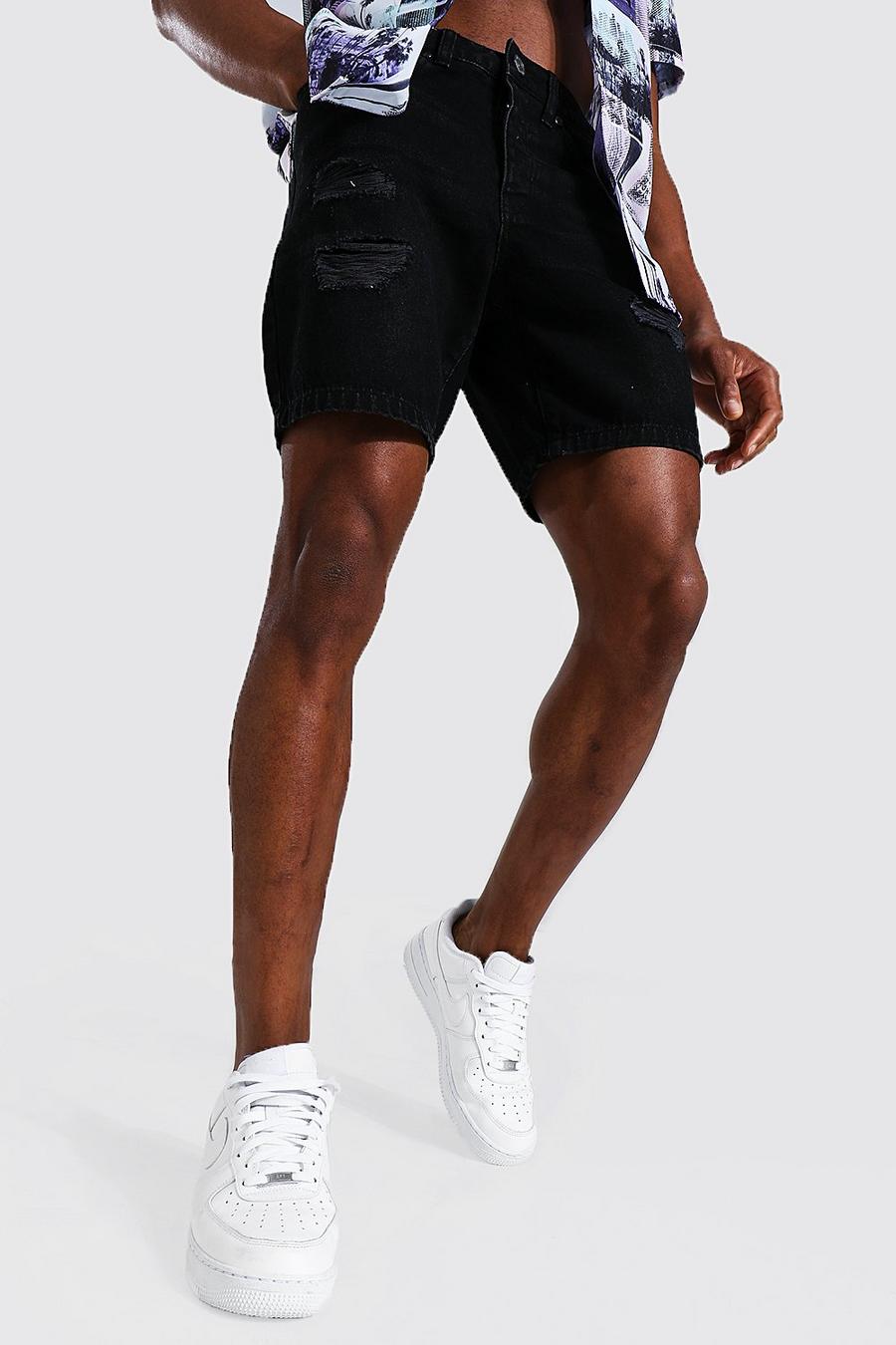 Steife Slim-Fit Jeansshorts mit mehreren Rissen, Verwaschenes schwarz image number 1