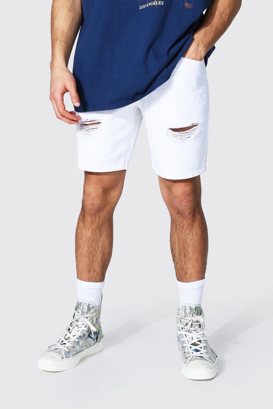 Pantaloncini Slim Fit in denim rigido con strappi, Bianco image number 1