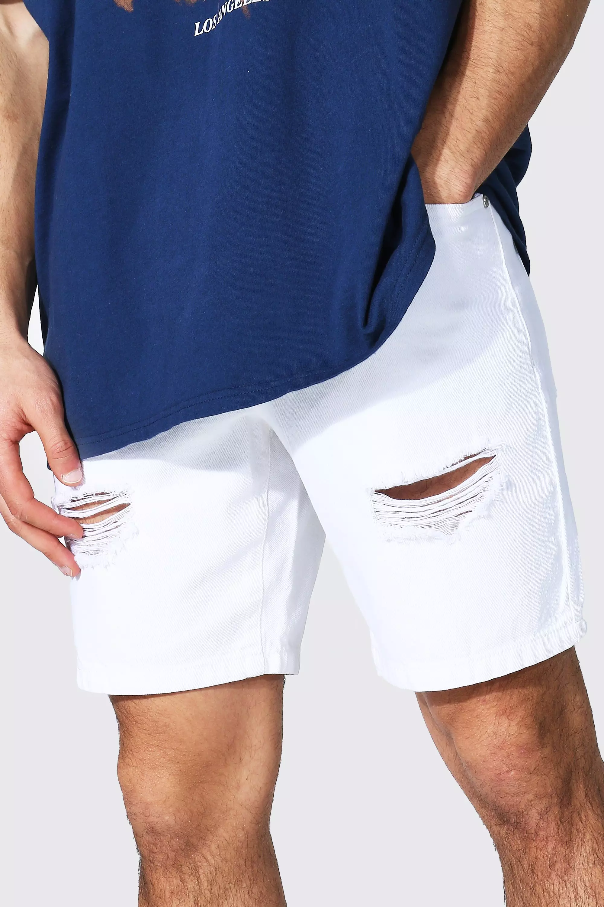 White distressed jean hot sale shorts mens