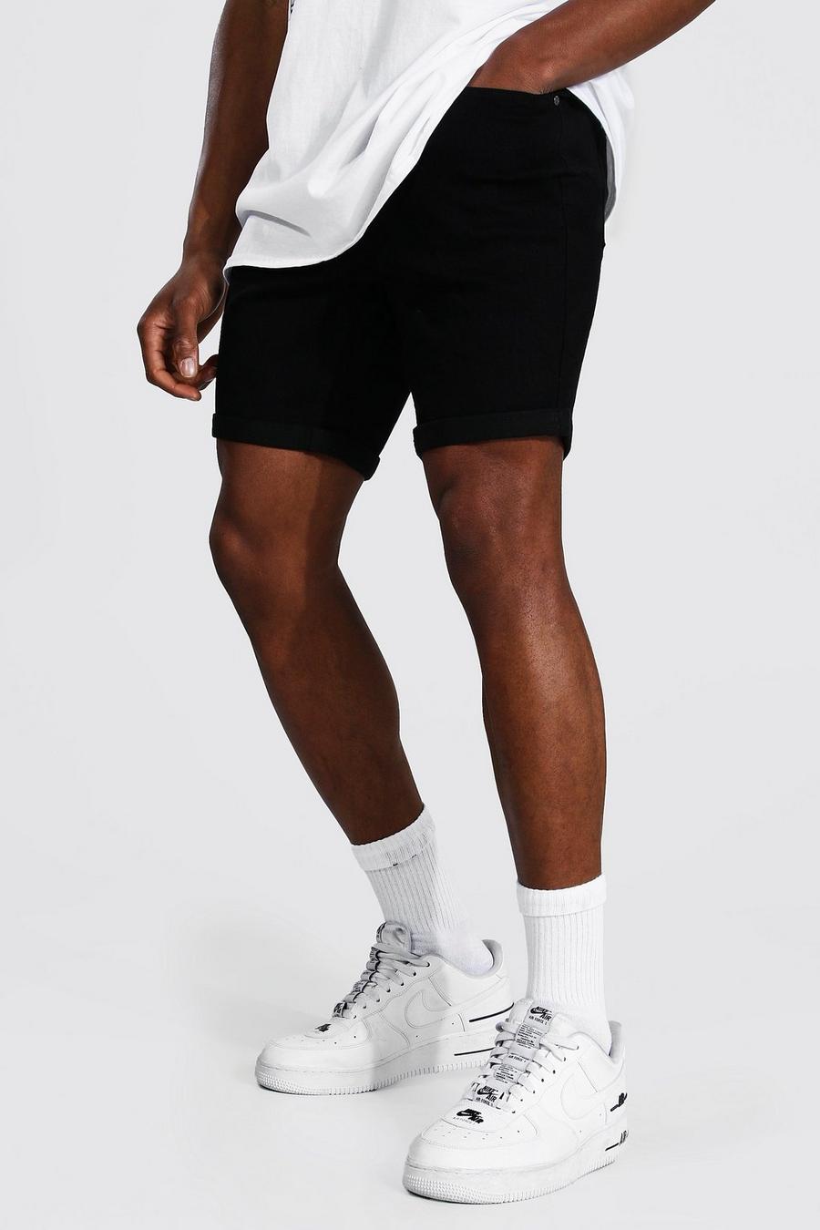 True black Skinny Fit Stretch Denim Shorts Met Omgeslagen Zoom image number 1