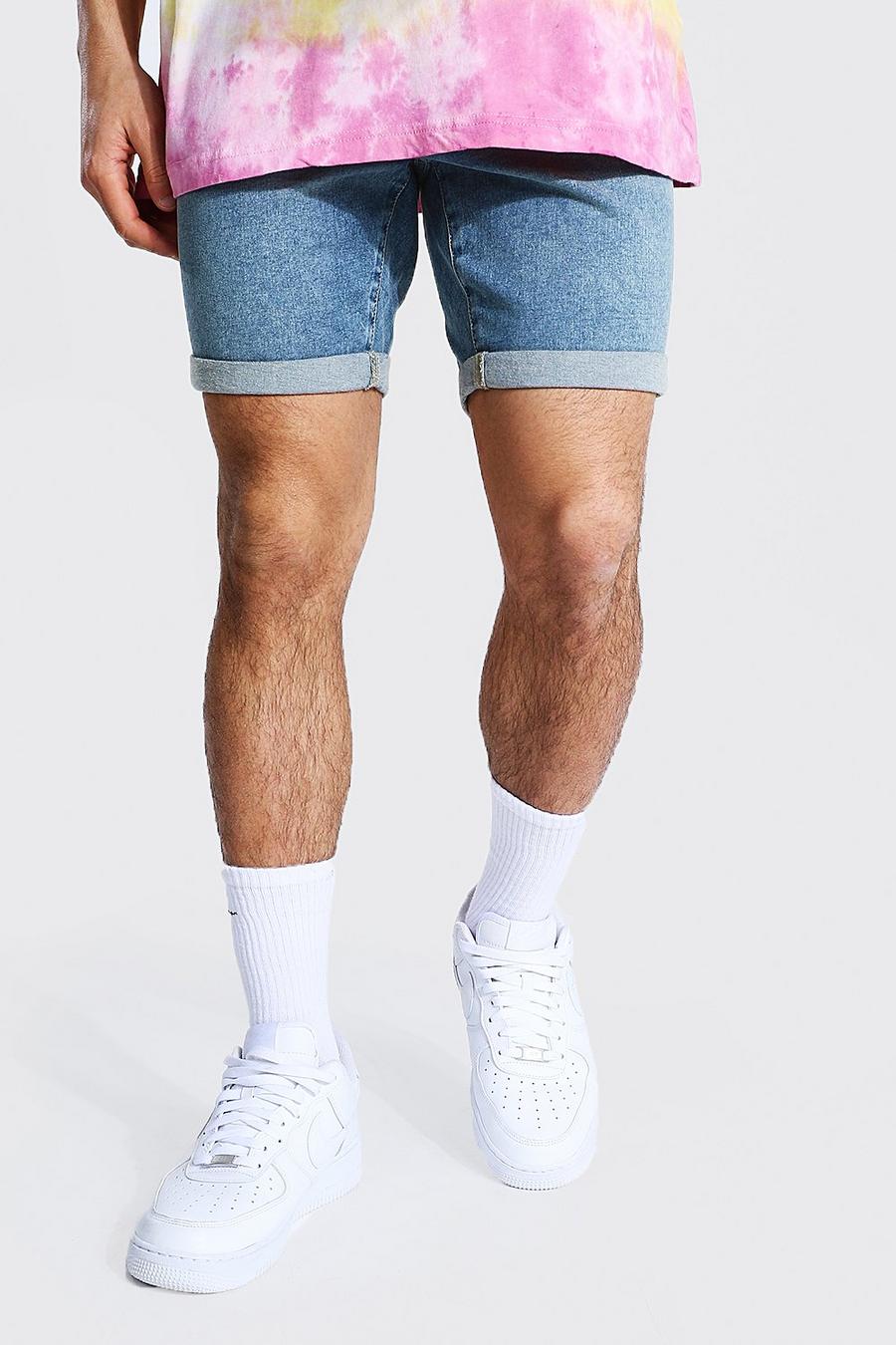 Pantalones cortos vaqueros skinny elásticos con bajo vuelto, Azul vintage image number 1