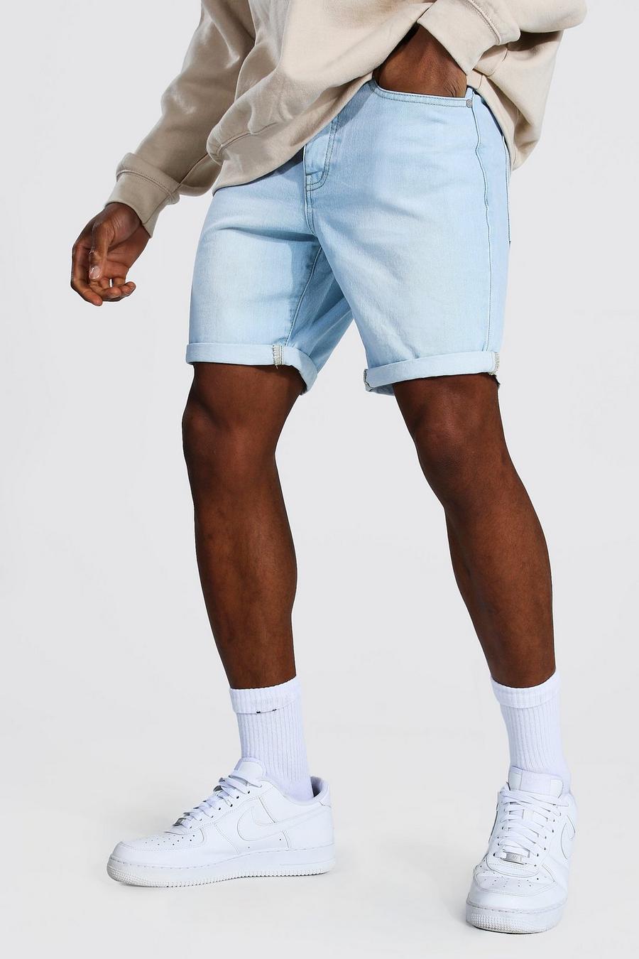 Pantalones cortos vaqueros rasgados de corte ajustado con vuelta, Azul claro image number 1