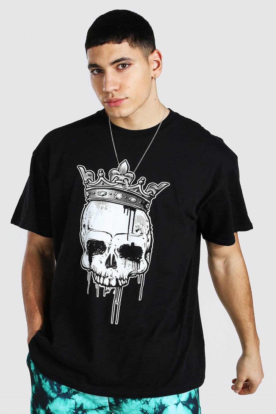 Black Oversized Skull Crown Graphic T-Shirt image number 1