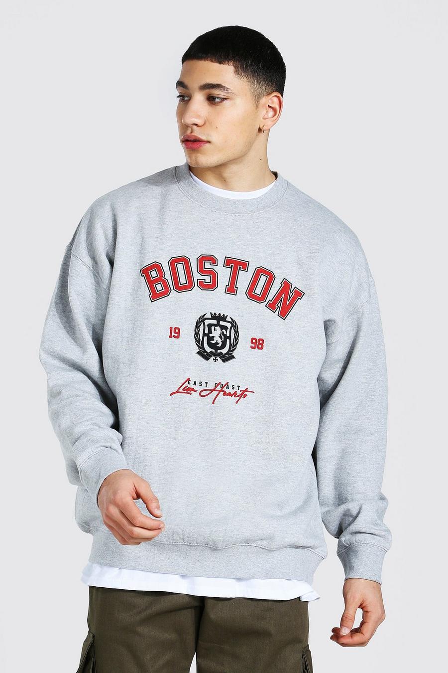 Sweatshirt in Übergröße mit „Boston“-Print, Grau meliert image number 1