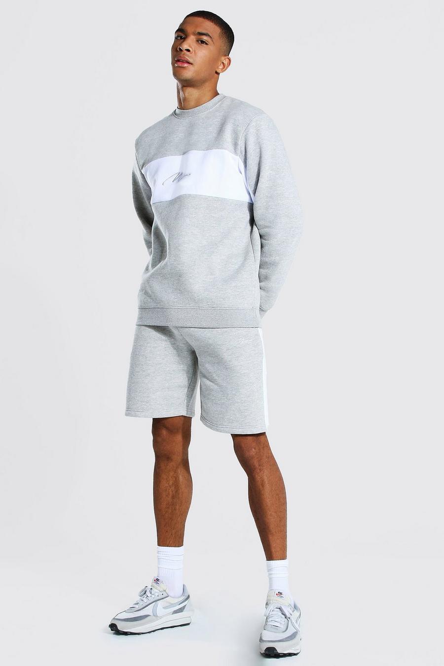 Man Trainingsanzug mit Shorts im Colorblock-Design, Grau meliert image number 1