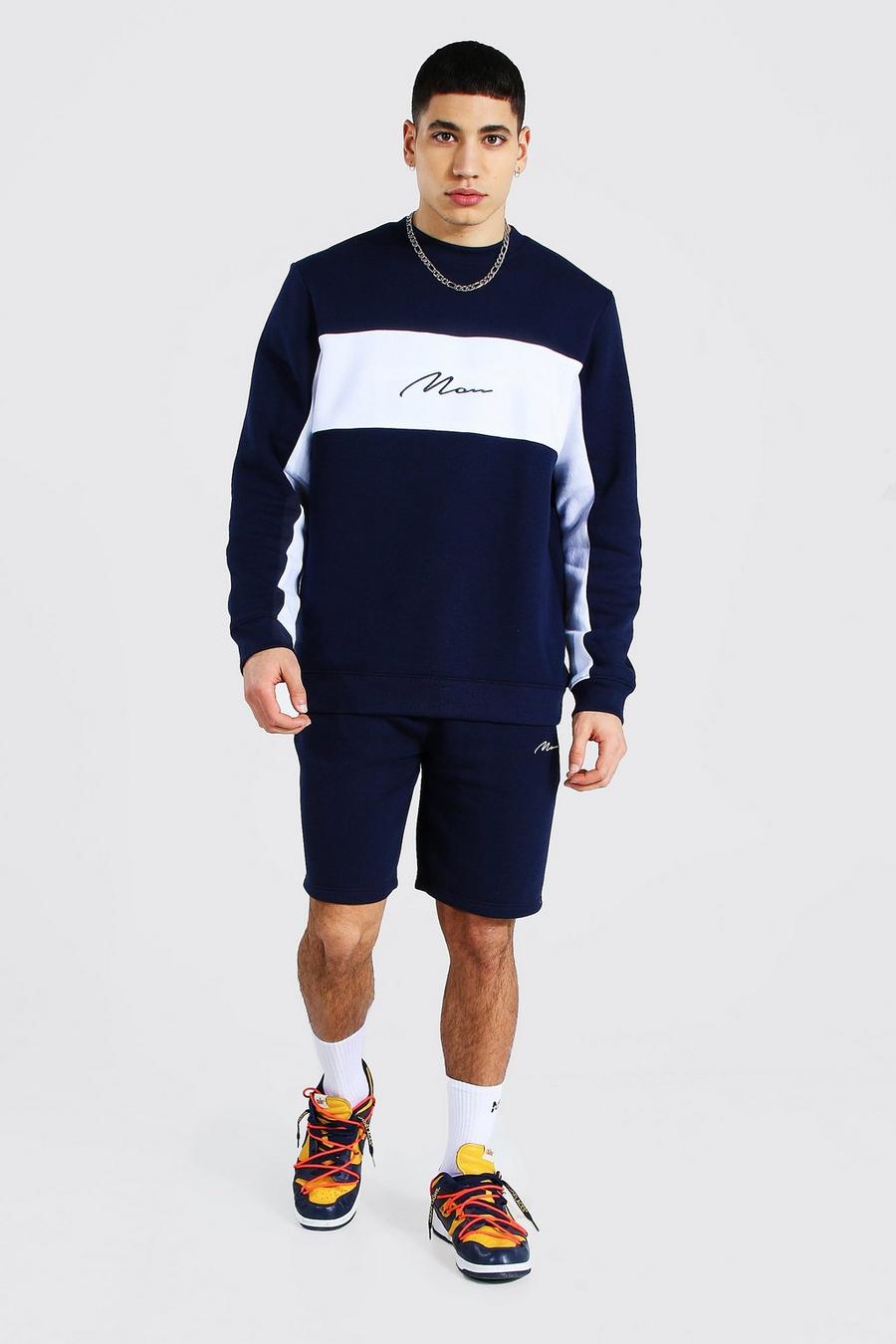 Navy MAN Sweatshirt och shorts med blockfärger image number 1