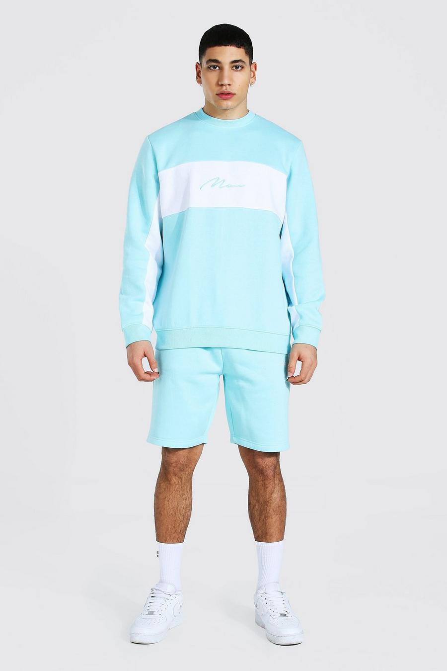 Man Trainingsanzug mit Shorts im Colorblock-Design, Pastellblau image number 1