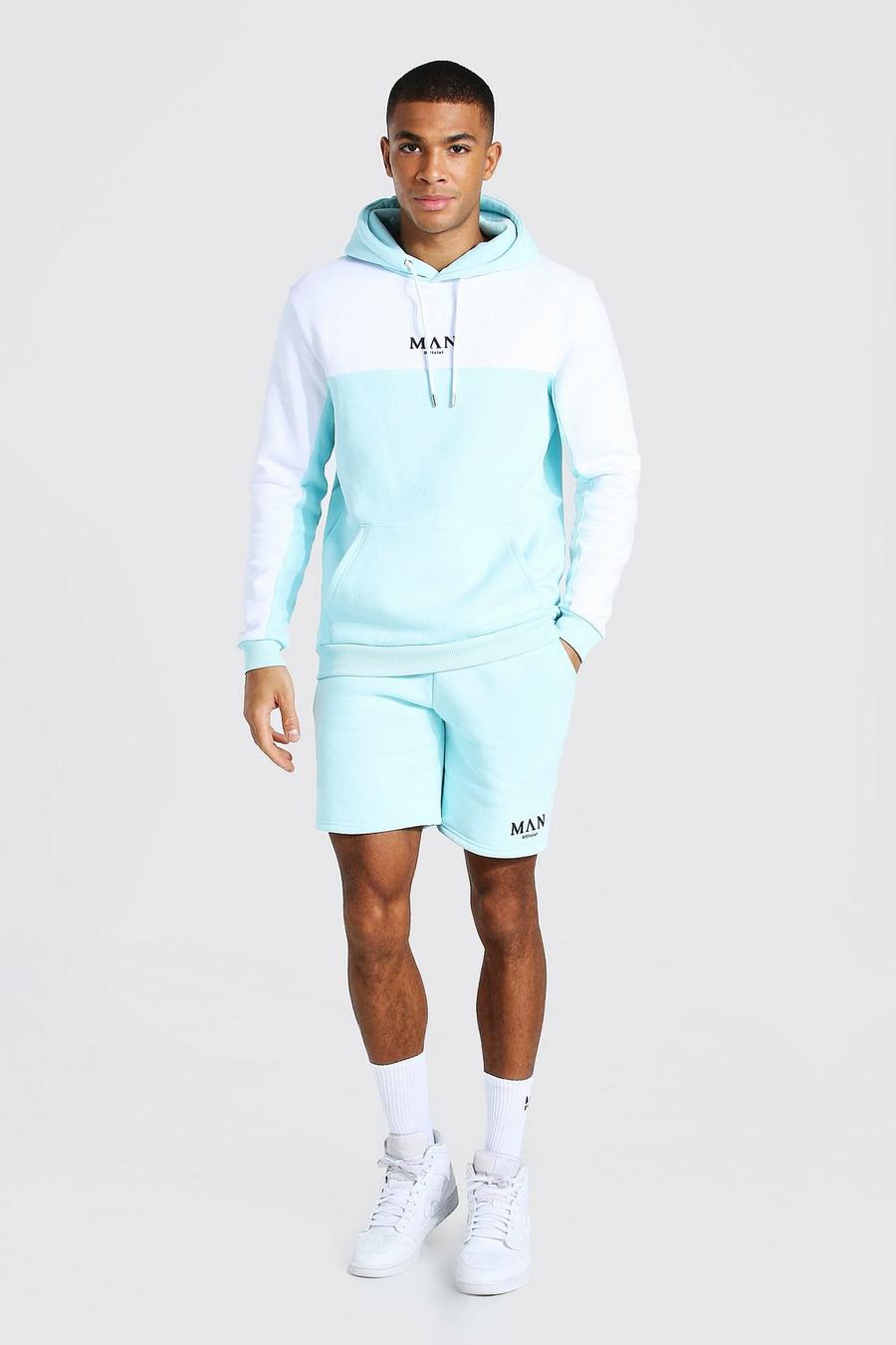 MAN Trainingsanzug mit Kapuze und Shorts im Colorblock-Design, Blassblau image number 1