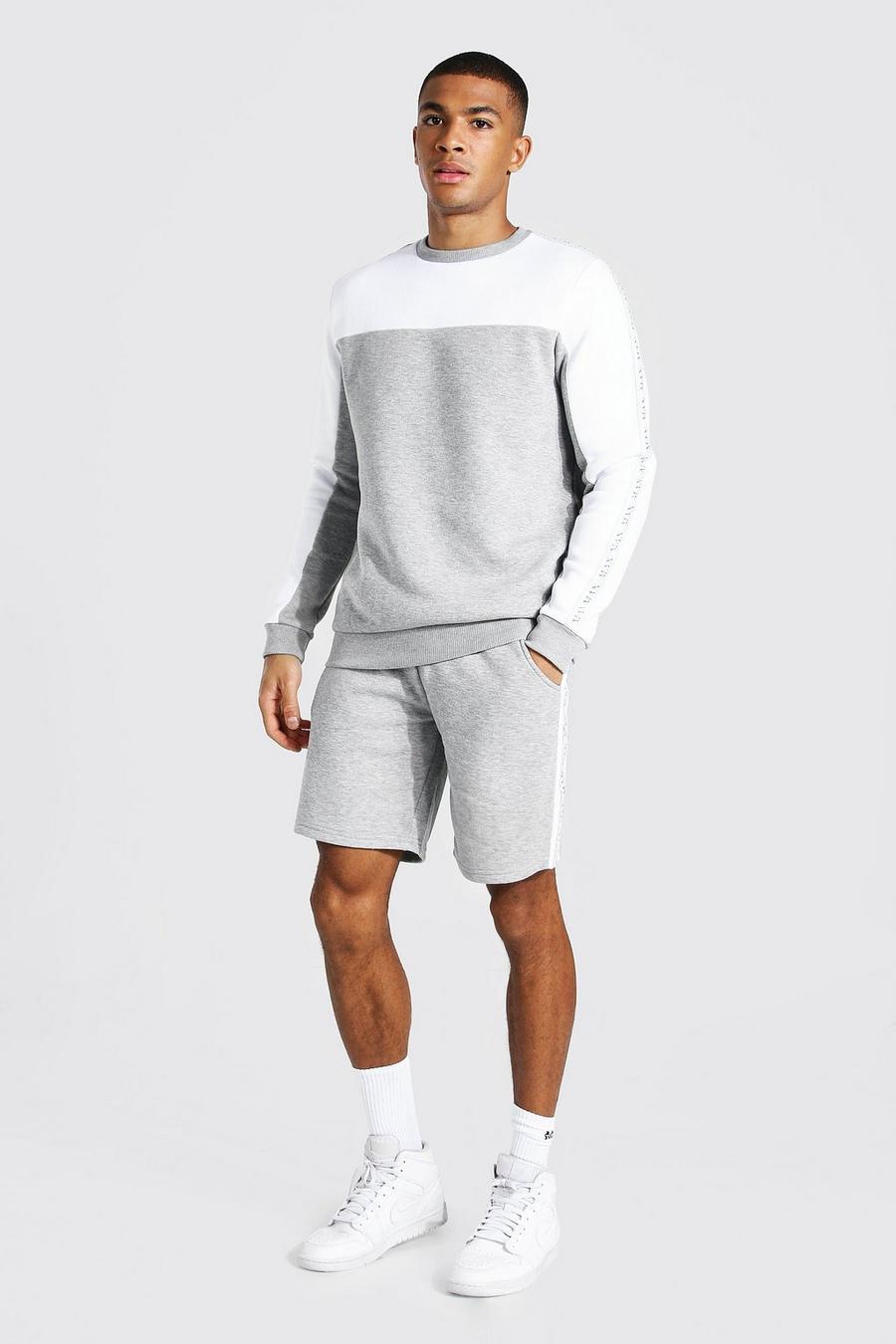 MAN Trainingsanzug mit Shorts im Colorblock-Design, Grau meliert image number 1