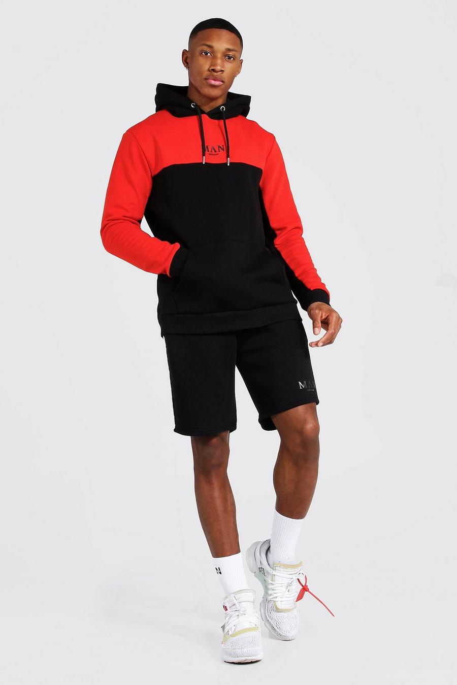 MAN Trainingsanzug mit Kapuze und Shorts im Colorblock-Design, Rot image number 1