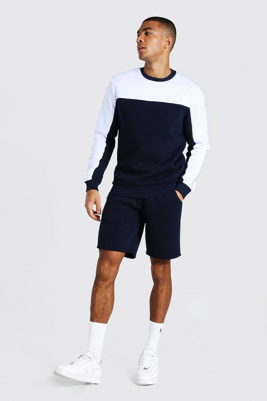 Navy MAN Träningsoverall med sweatshirt och shorts samt blockfärger image number 1