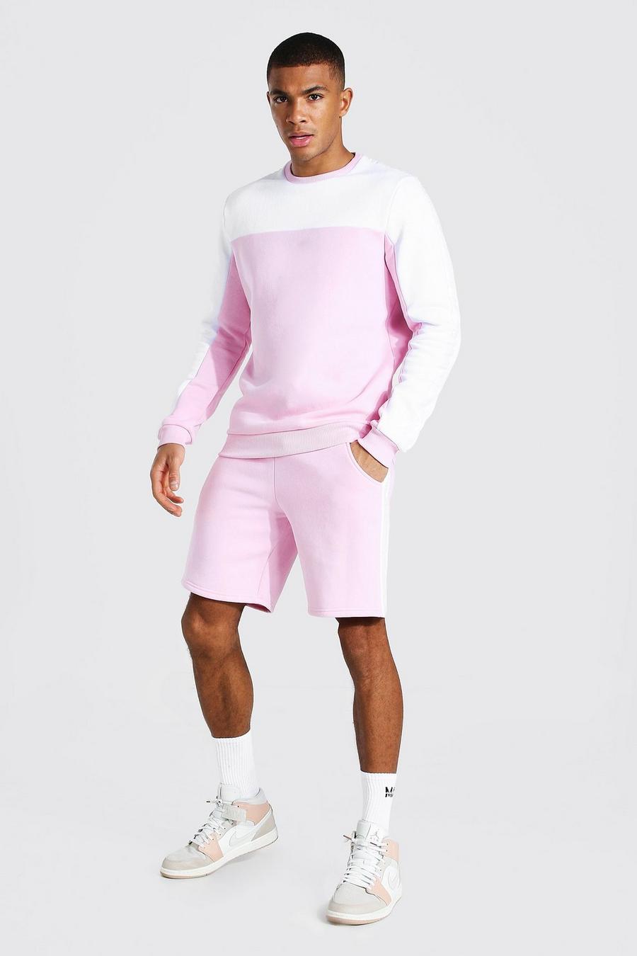 Pale pink Man Gestreept Colour Block Trainingspak Met Shorts En Trui image number 1