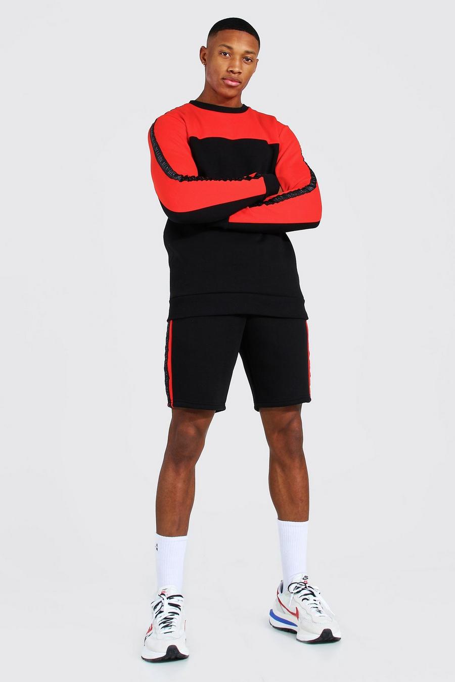 Red Man Gestreept Colour Block Trainingspak Met Shorts En Trui image number 1