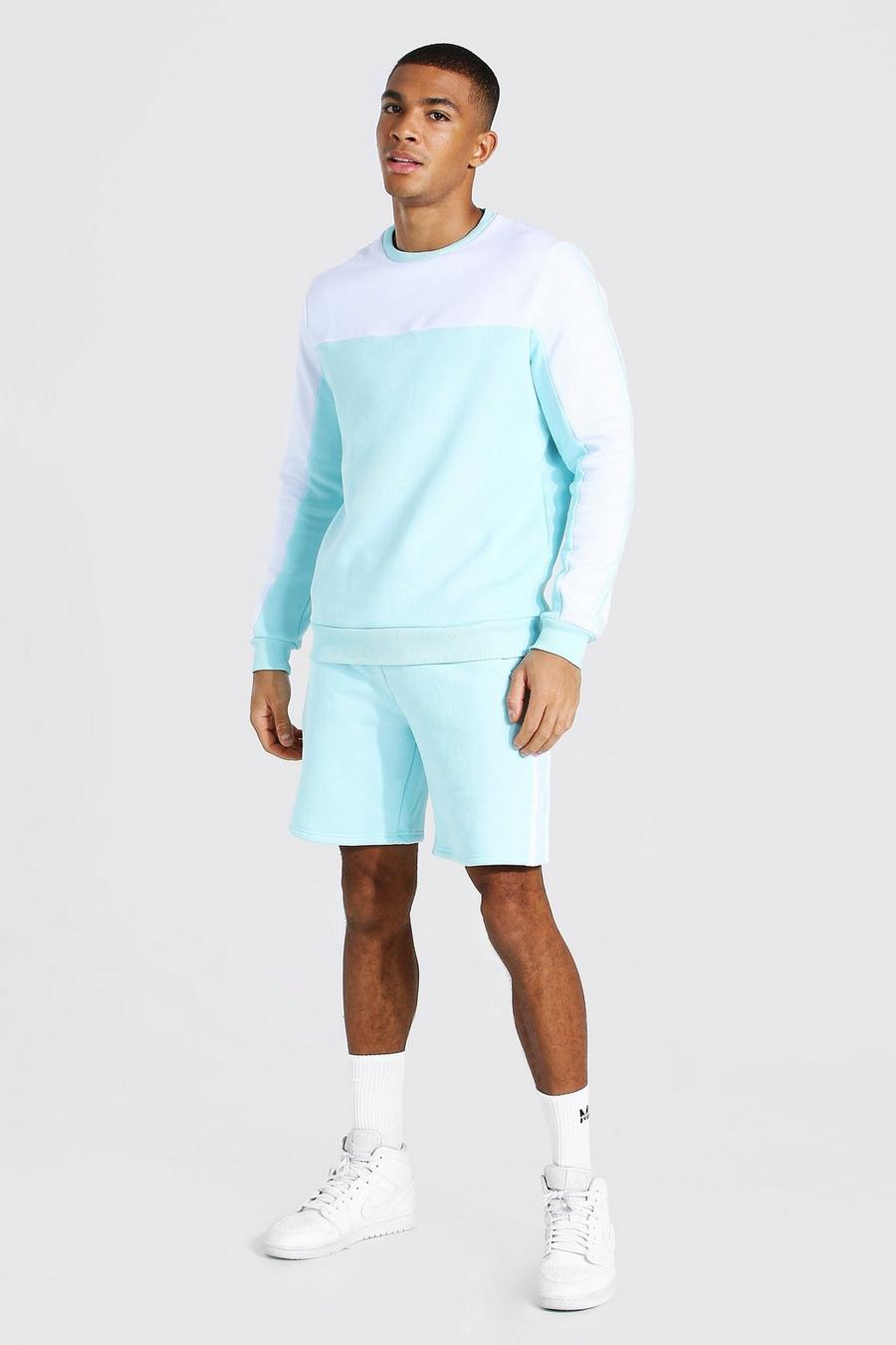 Pale blue MAN Träningsoverall med sweatshirt och shorts samt blockfärger image number 1