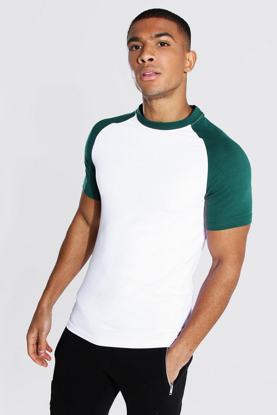 Muscle Fit T-Shirt mit Raglanärmeln in Kontrastfarben, Wald image number 1