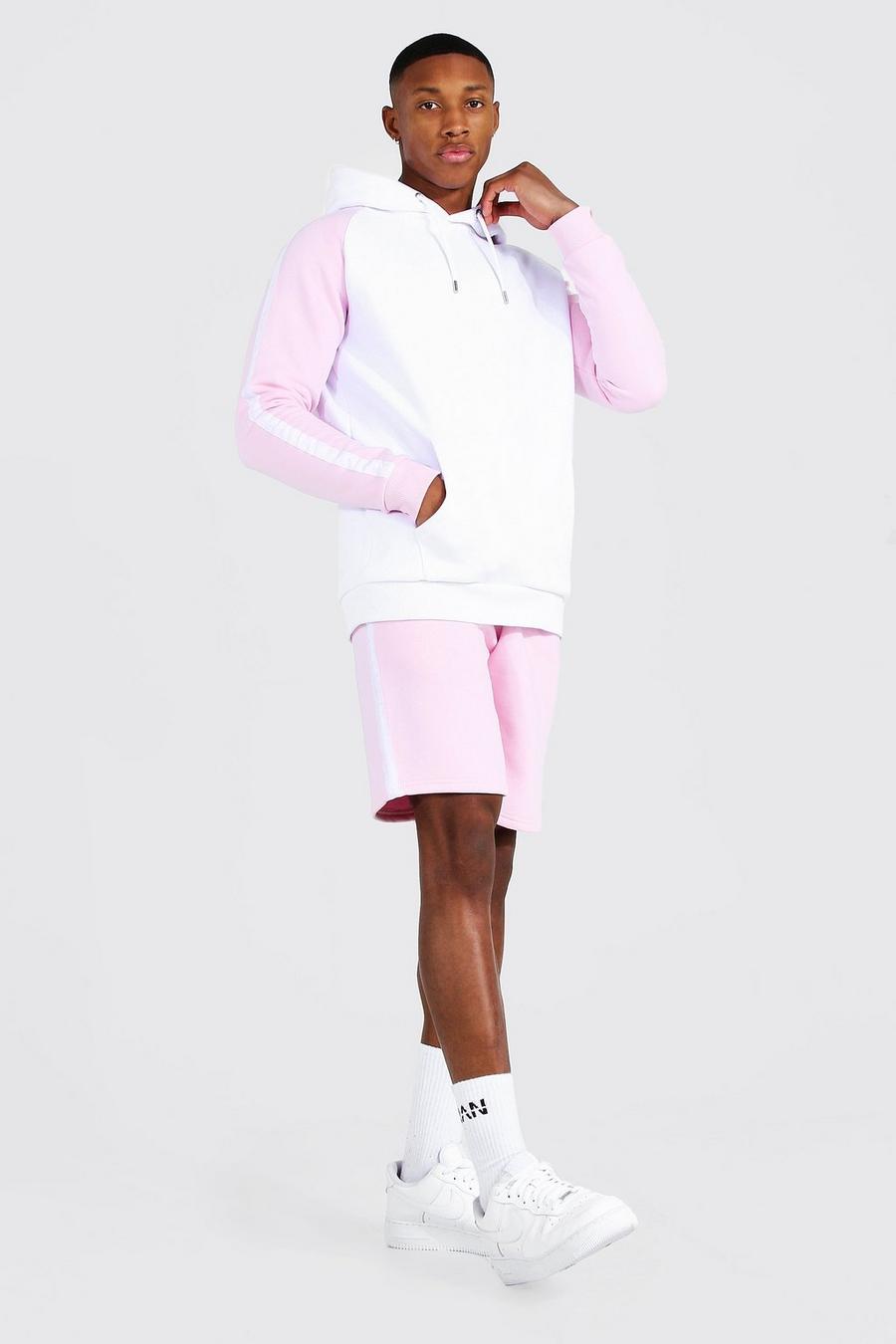 Pale pink MAN Hoodie och shorts med blockfärger och kantband image number 1