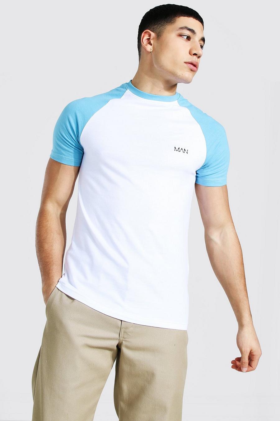 Muscle Fit T-Shirt mit Original Man-Print und Raglanärmeln, Hellblau image number 1
