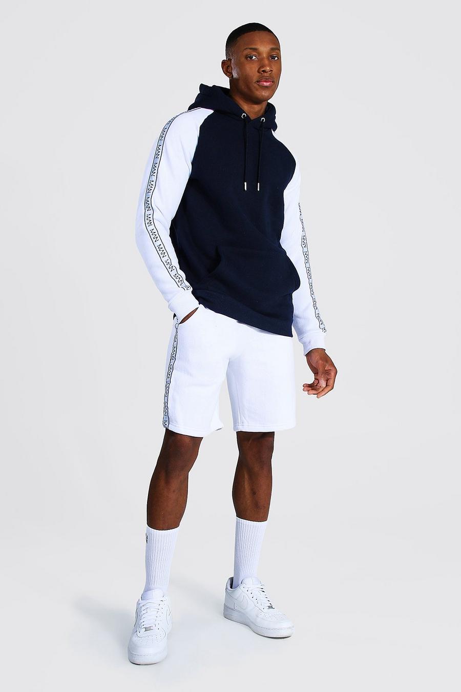 Navy Colour Block Man Tape Short Hooded Tracksuit image number 1
