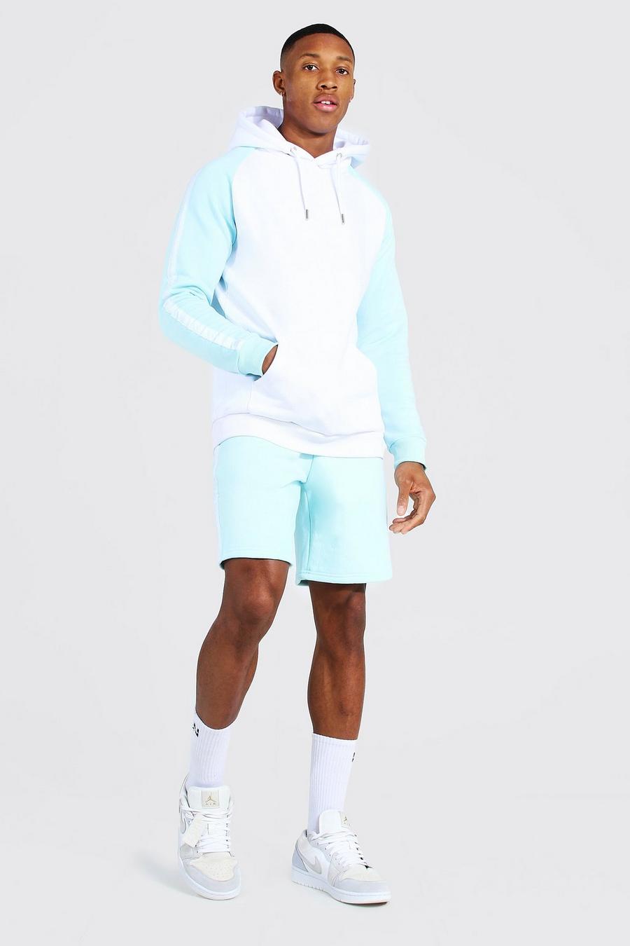 Pale blue MAN Hoodie och shorts med blockfärger och kantband image number 1
