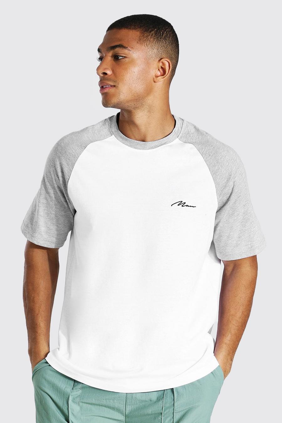 T-Shirt mit kontrastierenden Raglanärmeln und Man-Schriftzug, Grau meliert image number 1