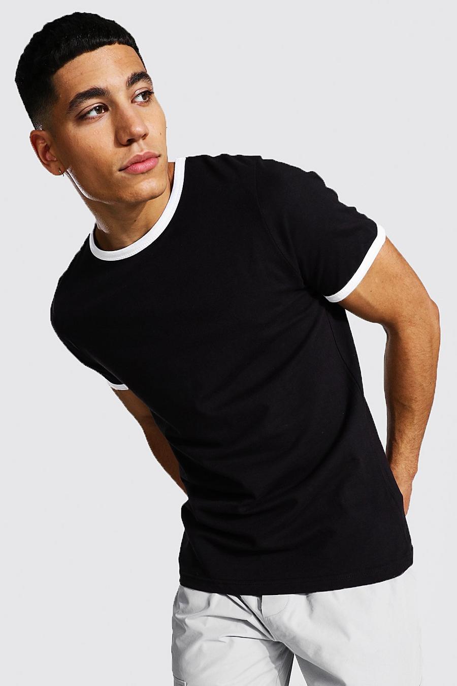 T-shirt a girocollo Slim Fit con bordi a contrasto, Nero image number 1