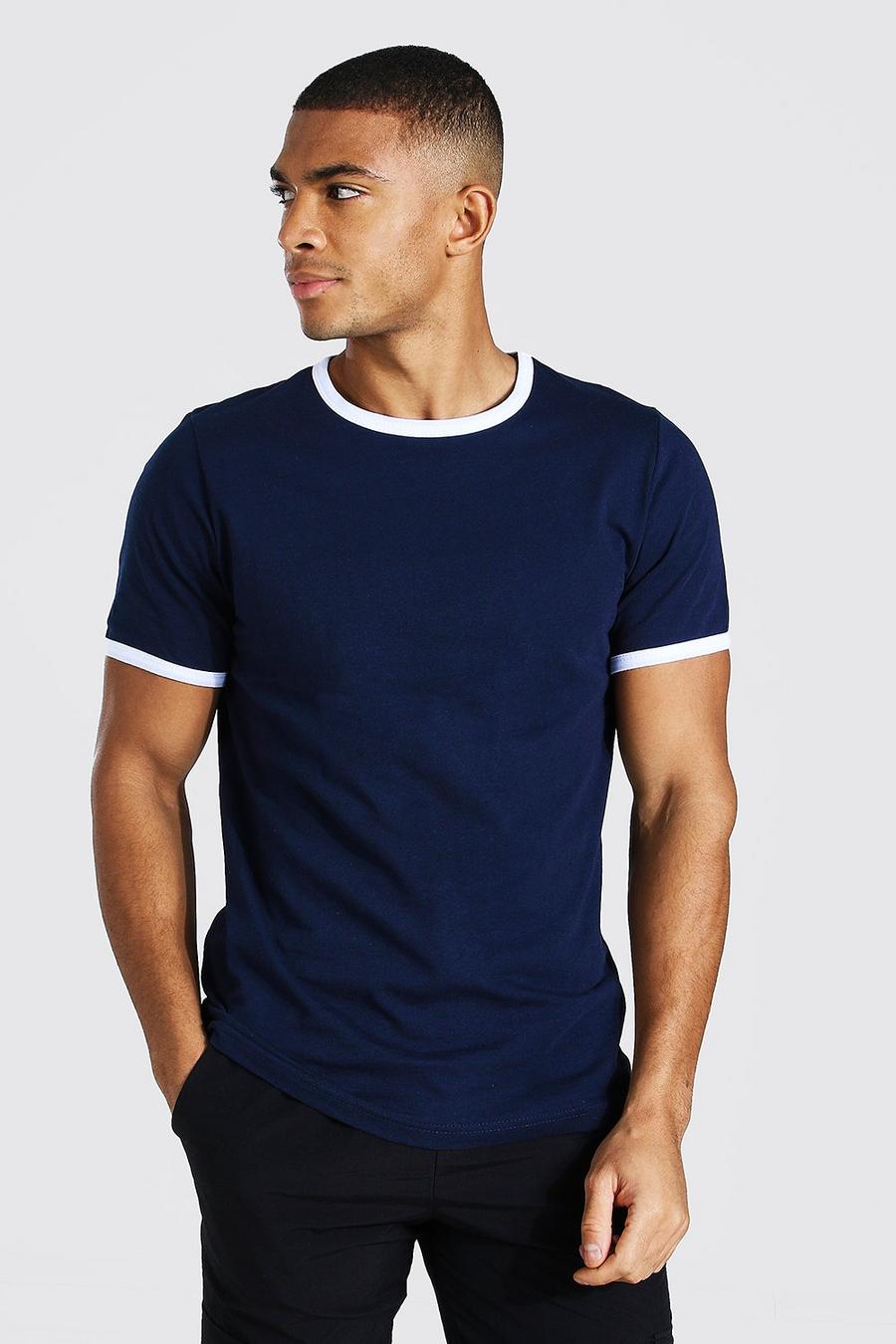 Navy Slim Fit T-Shirt Met Crewneck En Contrasterende Zoom image number 1