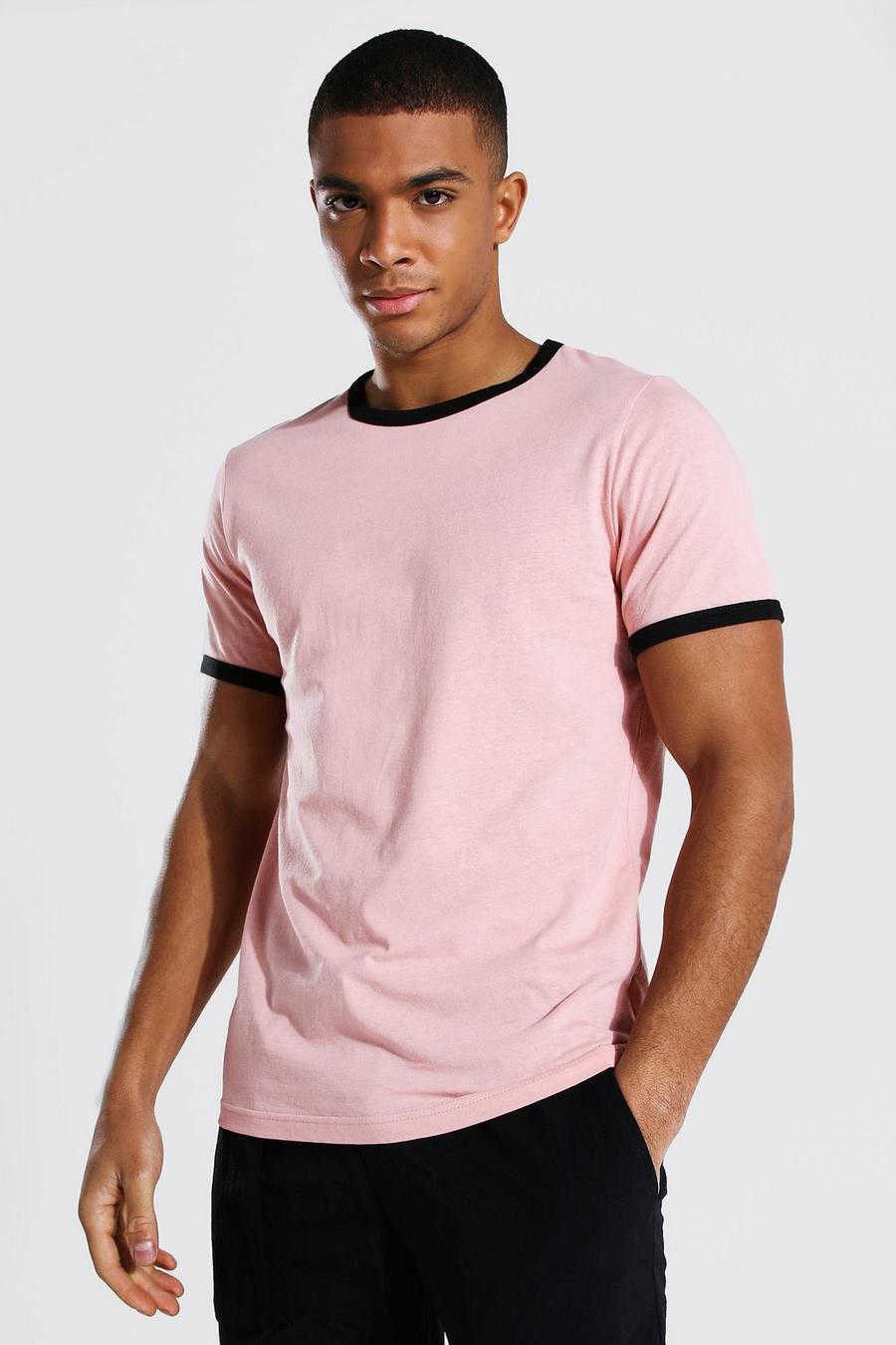 Light pink Slim Fit T-Shirt Met Crewneck En Contrasterende Zoom image number 1