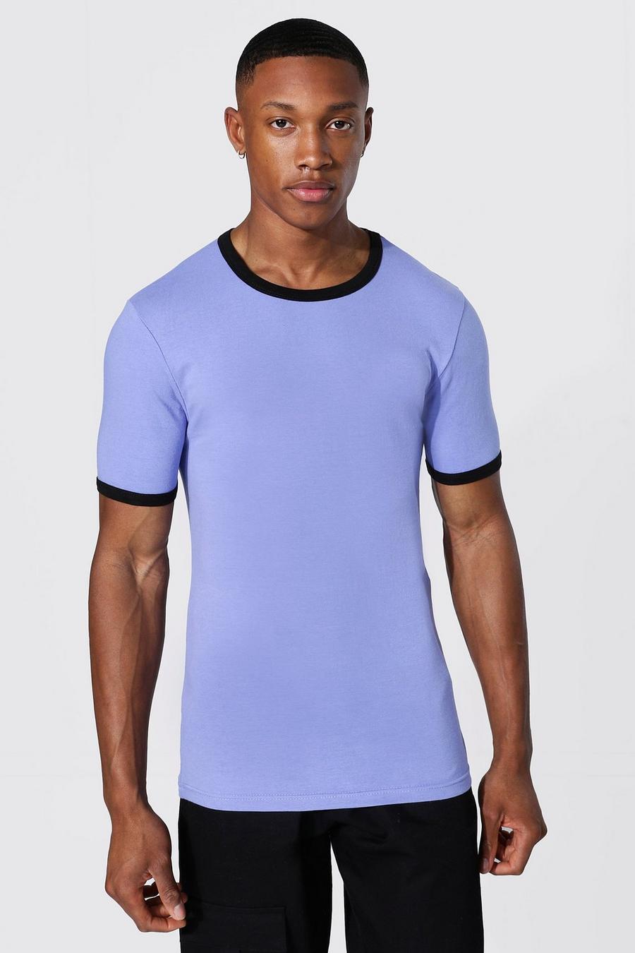 T-shirt moulant ras-du-cou à détails contrastés, Bleuet bleu image number 1