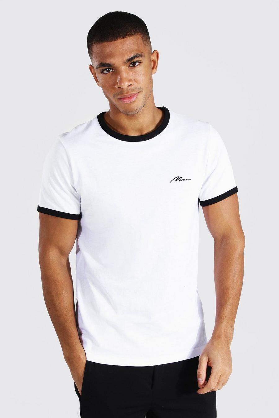Camiseta slim fit con ribete y la firma MAN, Blanco image number 1