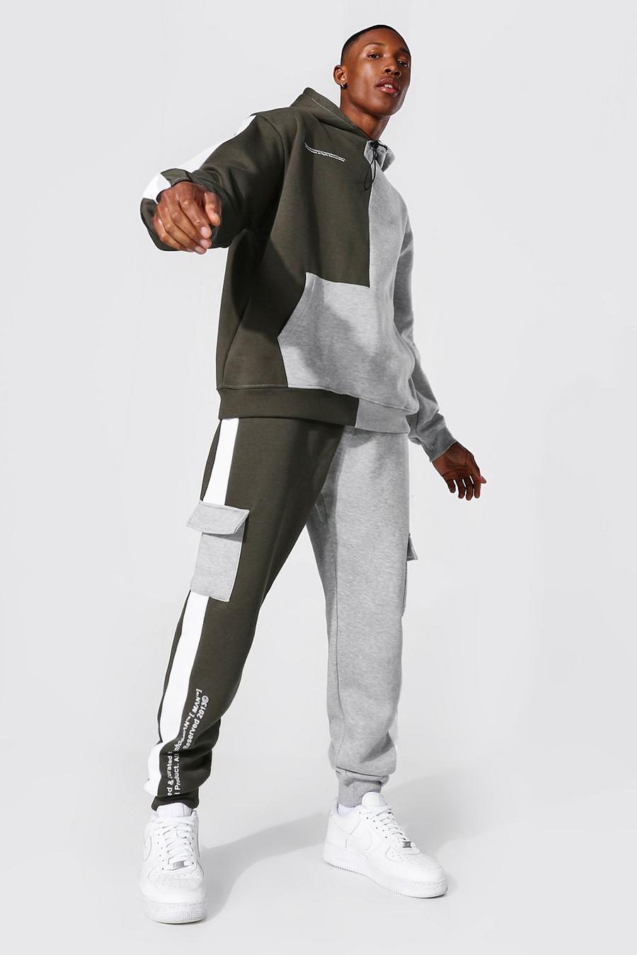 Khaki MAN Tvåfärgad träningsoverall med oversize hoodie och cargofickor image number 1