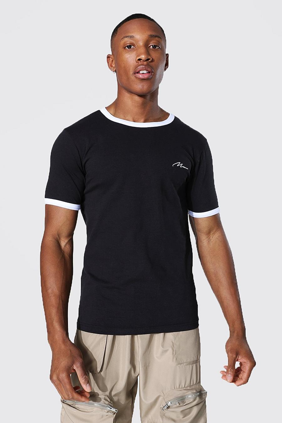 T-shirt moulant à détails contrastés et signature Man, Noir image number 1