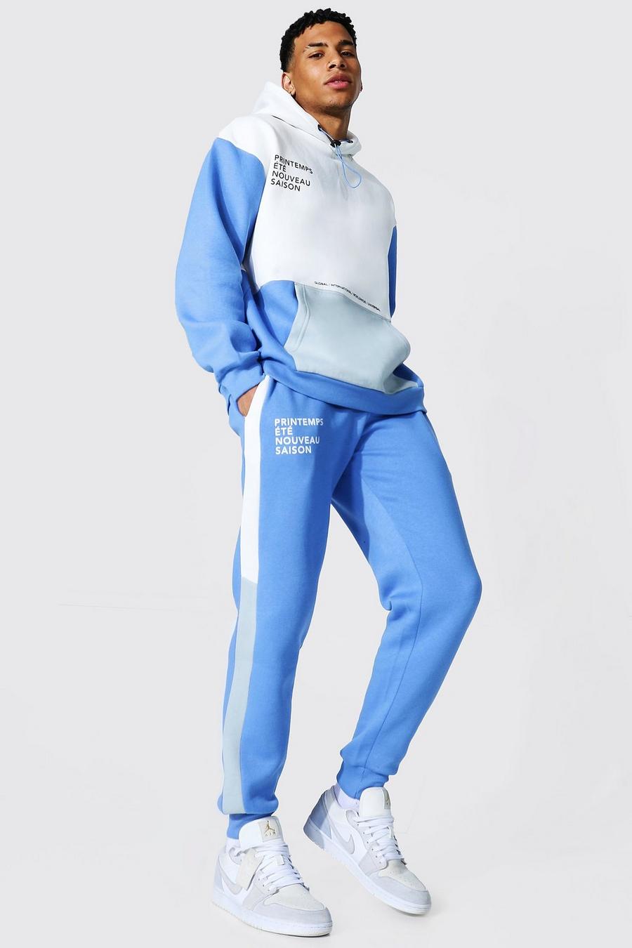 Blue Oversized Man Colour Block Hooded Tracksuit image number 1