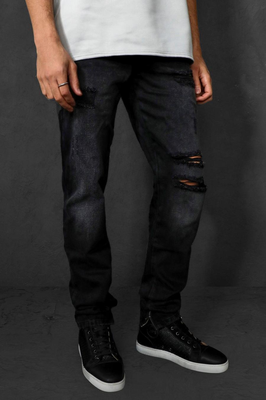 Schmal geschnittene, steife Stacked Leg Jeans mit mehreren Rissen, Verwaschenes schwarz image number 1