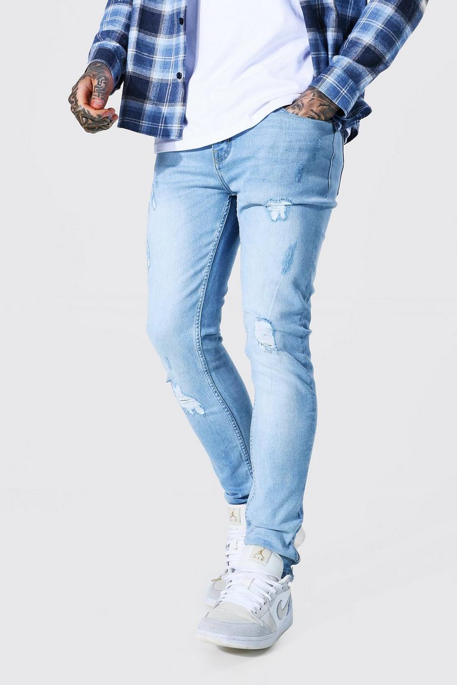 כחול קרח ג'ינס סקיני נמתח עם קרעים ורוכסן image number 1