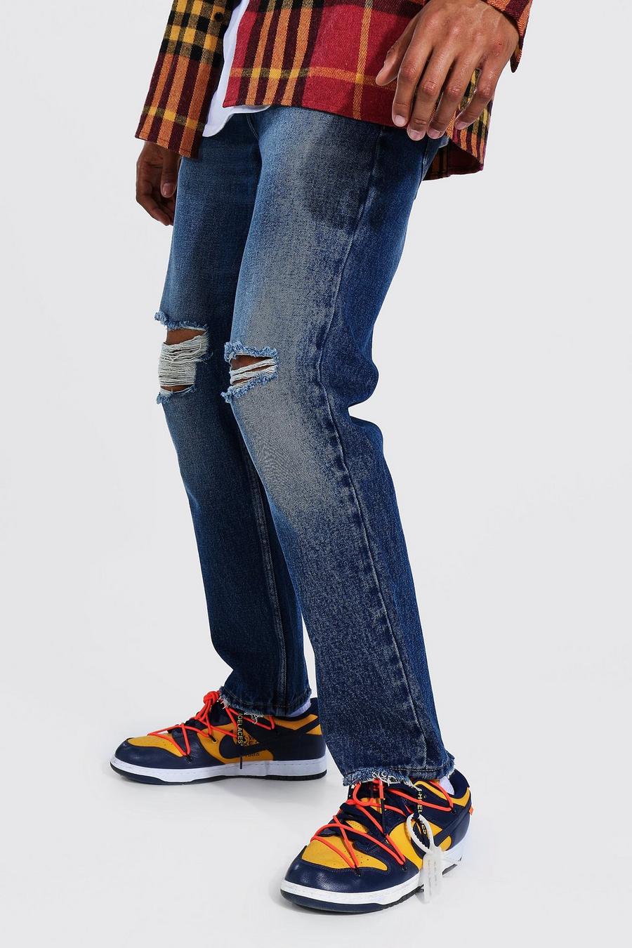 כחול וינטג' ג'ינס בגזרה ישרה עם קרעים בברך ומכפלת פתוחה image number 1