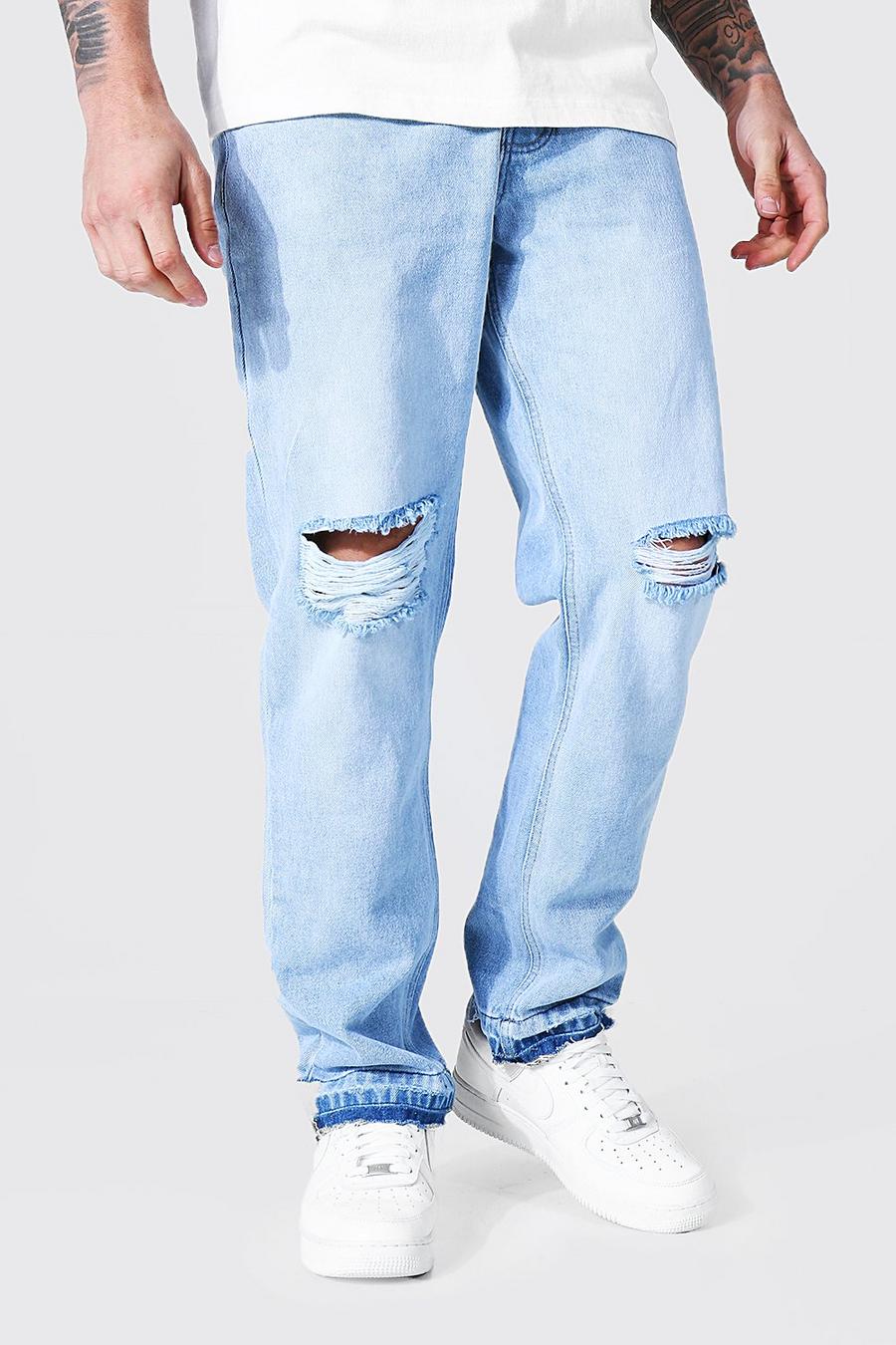 כחול קרח ג'ינס בגזרה ישרה עם קרעים בברך ומכפלת פתוחה image number 1