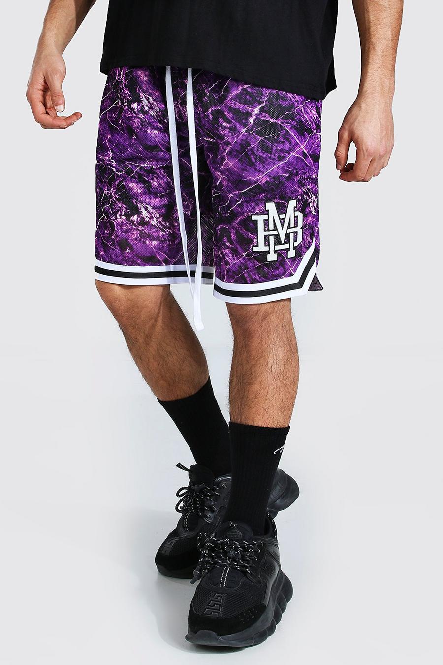 Pantaloncini da basket in Airtex in stile varsity con stemma stampato, Viola image number 1