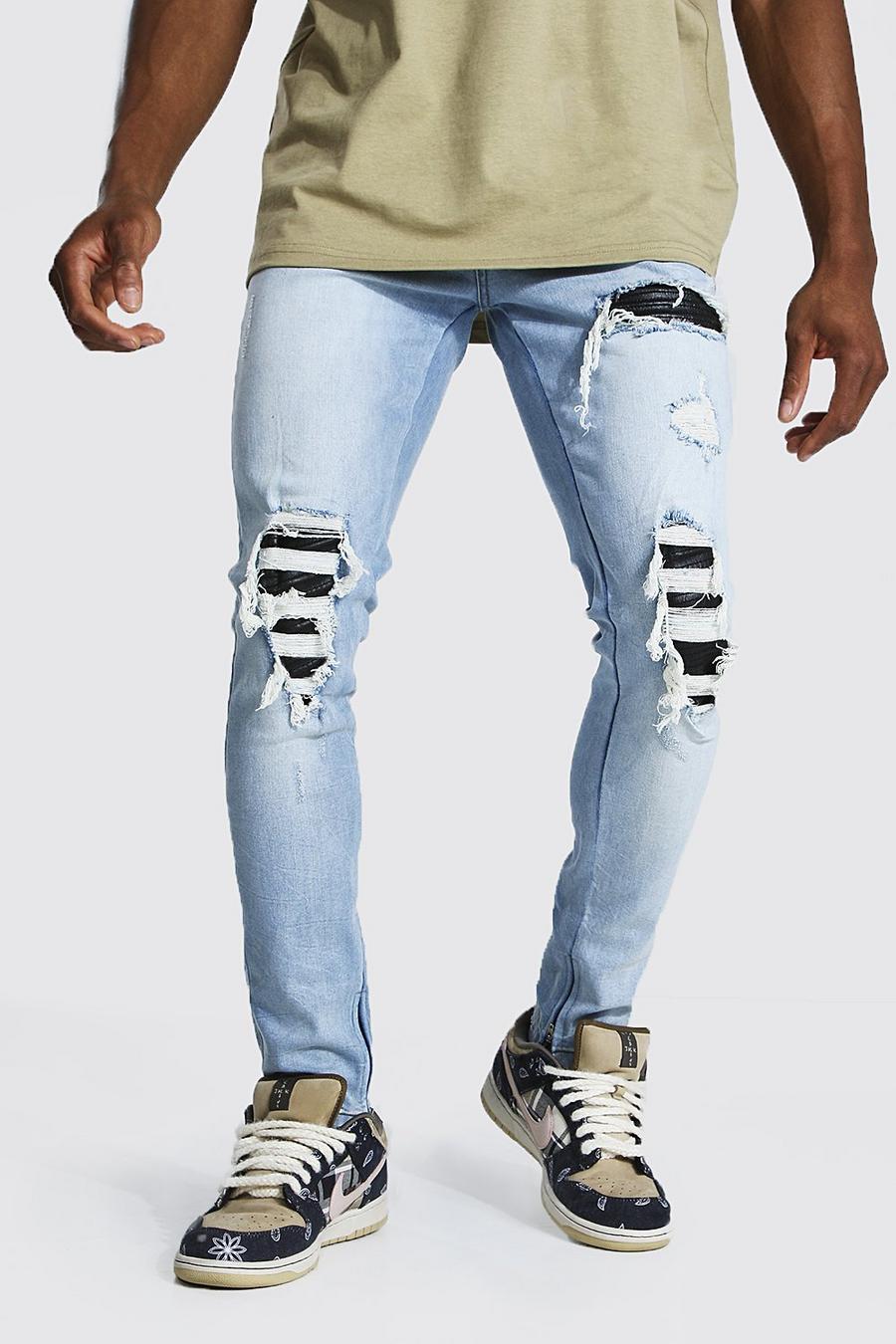 Jeans skinny in stile biker in PU effetto consumato con strappi e rattoppi, Blu ghiaccio image number 1