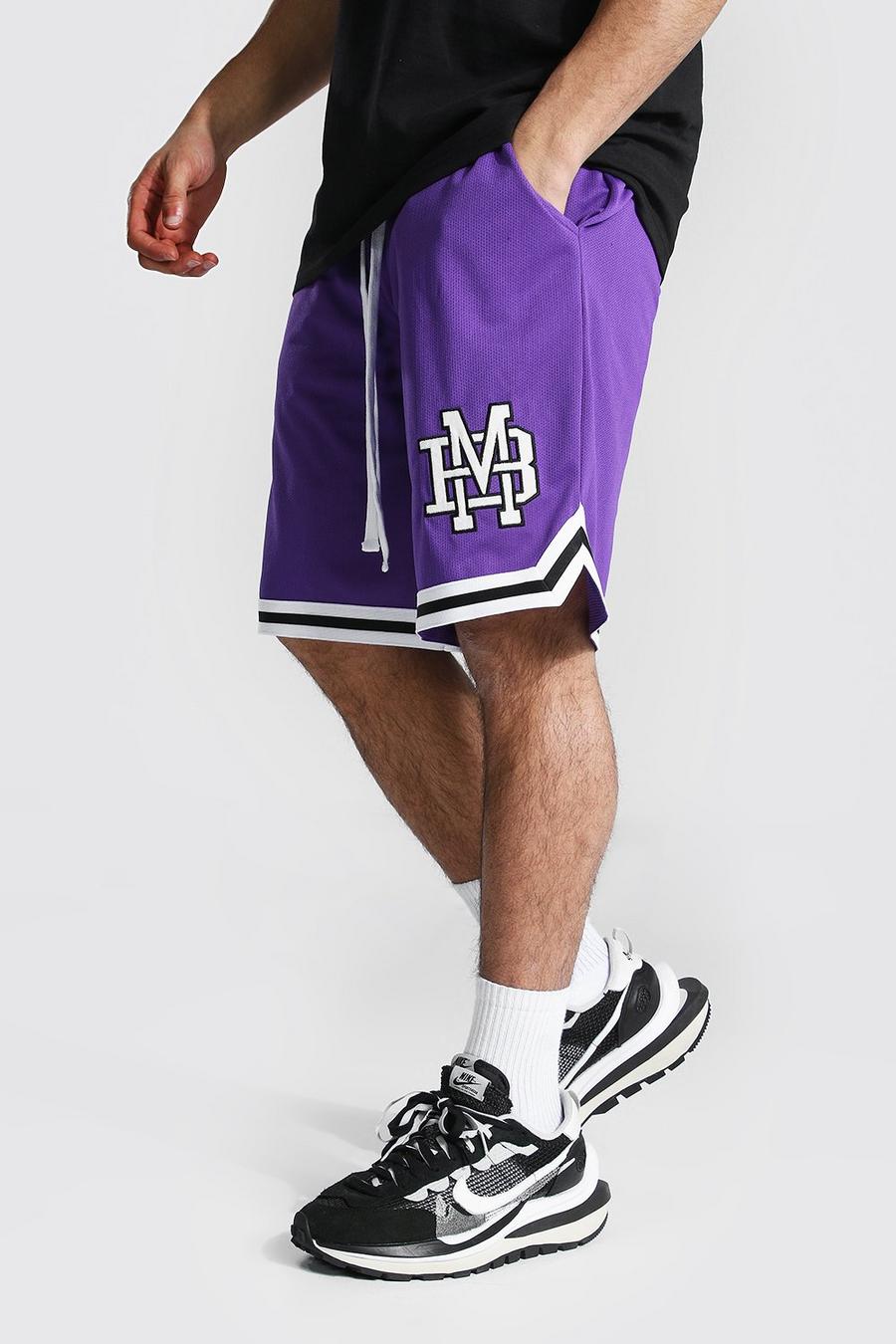 Purple Varsity Man Applique Mesh Basketball Shorts image number 1