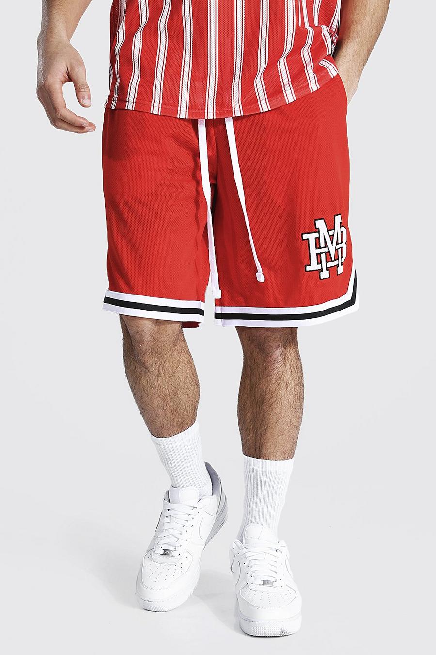 Red Varsity Man Applique Mesh Basketball Shorts image number 1