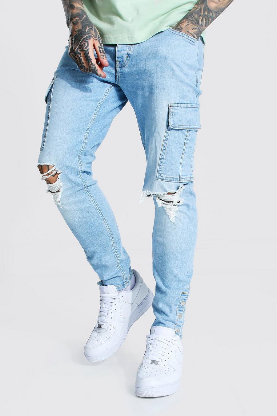 Ice blue Skinny jeans med cargofickor och tryckknappar image number 1