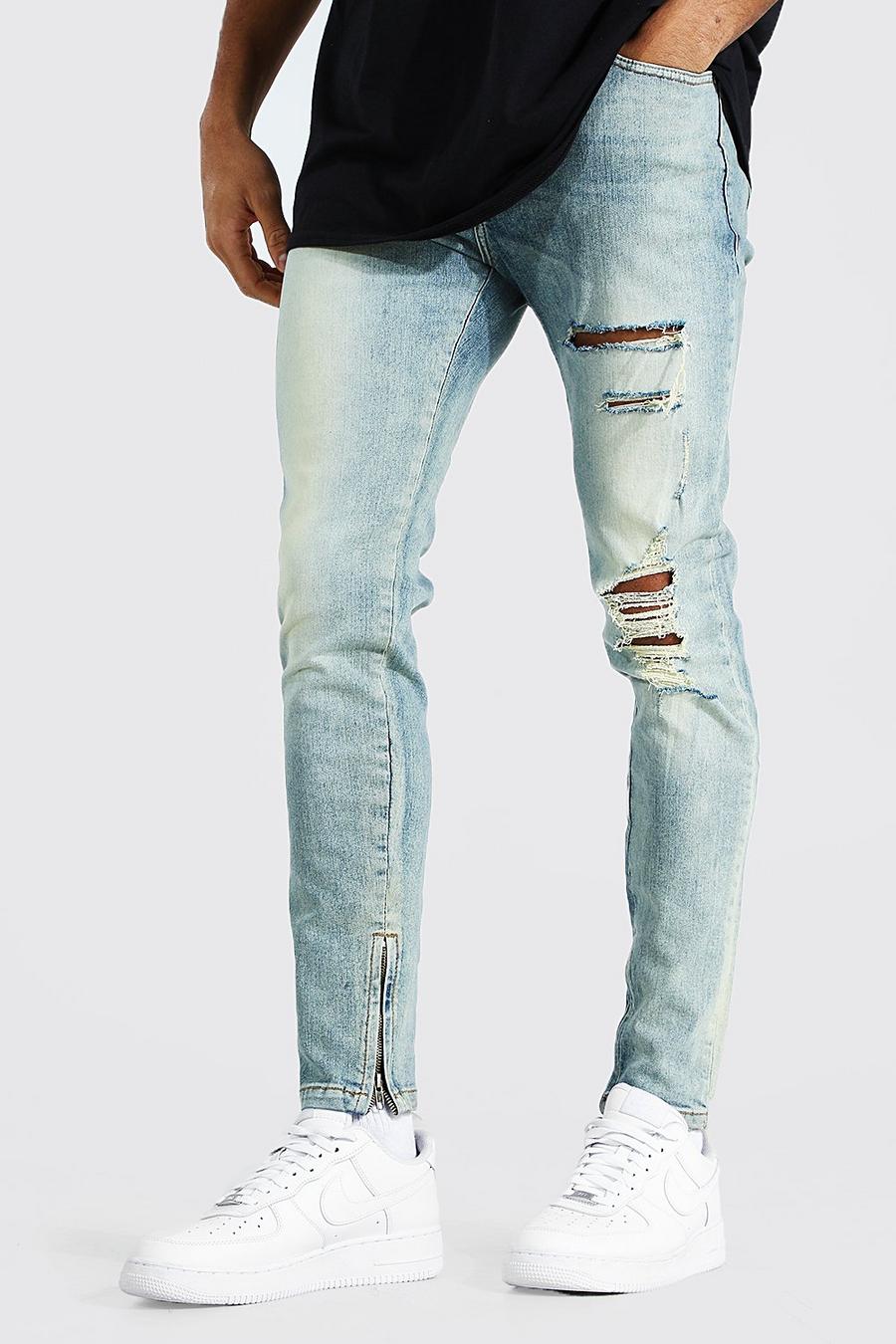 Vintage blue Skinny Stretch Zip Hem Distressed Jeans image number 1