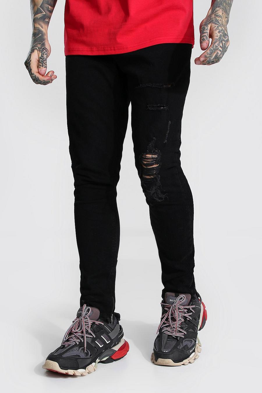 שחור אמיתי ג'ינס סקיני נמתח עם קרעים ומכפלת עם רוכסן image number 1
