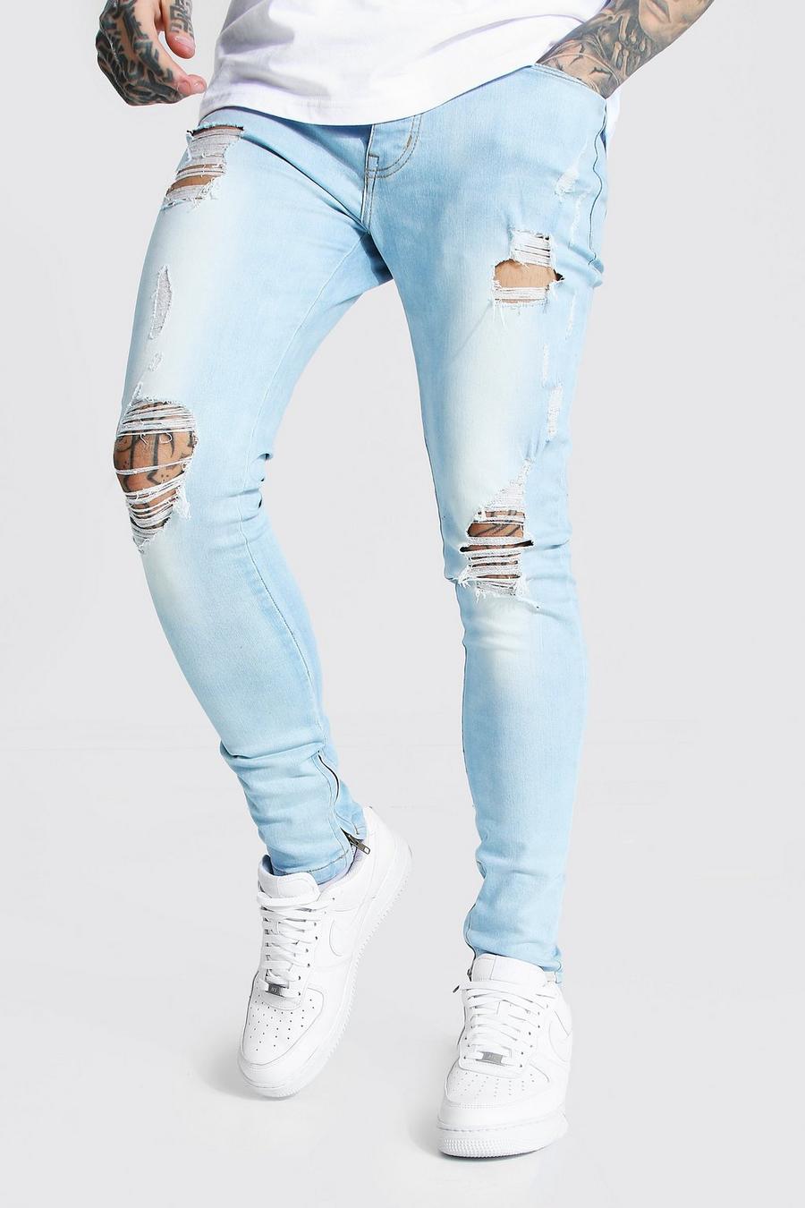 Ice blue Super skinny jeans med slitage och dragkedjor image number 1